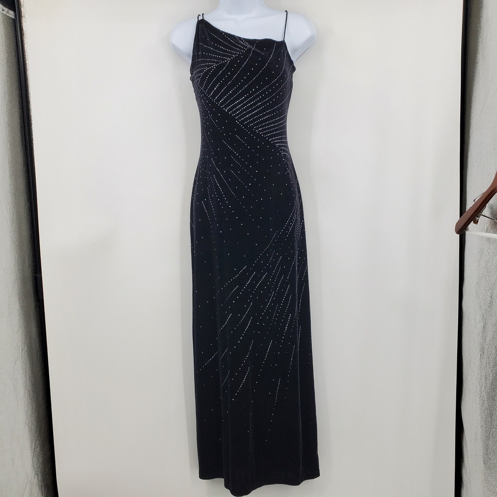 Byer Too! Vintage 90s Black Velvet Rhinestone Maxi Dress L Y2K Fairy Grunge Goth